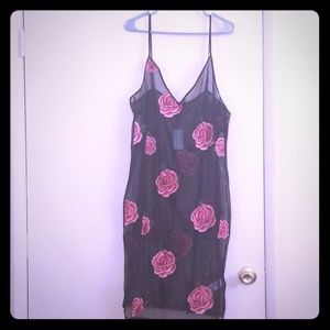 Plus Size Rose Embroidered Black Mesh Dress